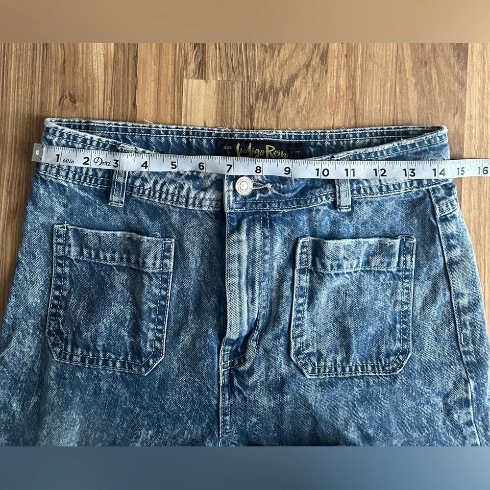 INDIGO REIN Women High-Rise Wide Leg Acid Wash Distressed Jeans Patch Pockets 7